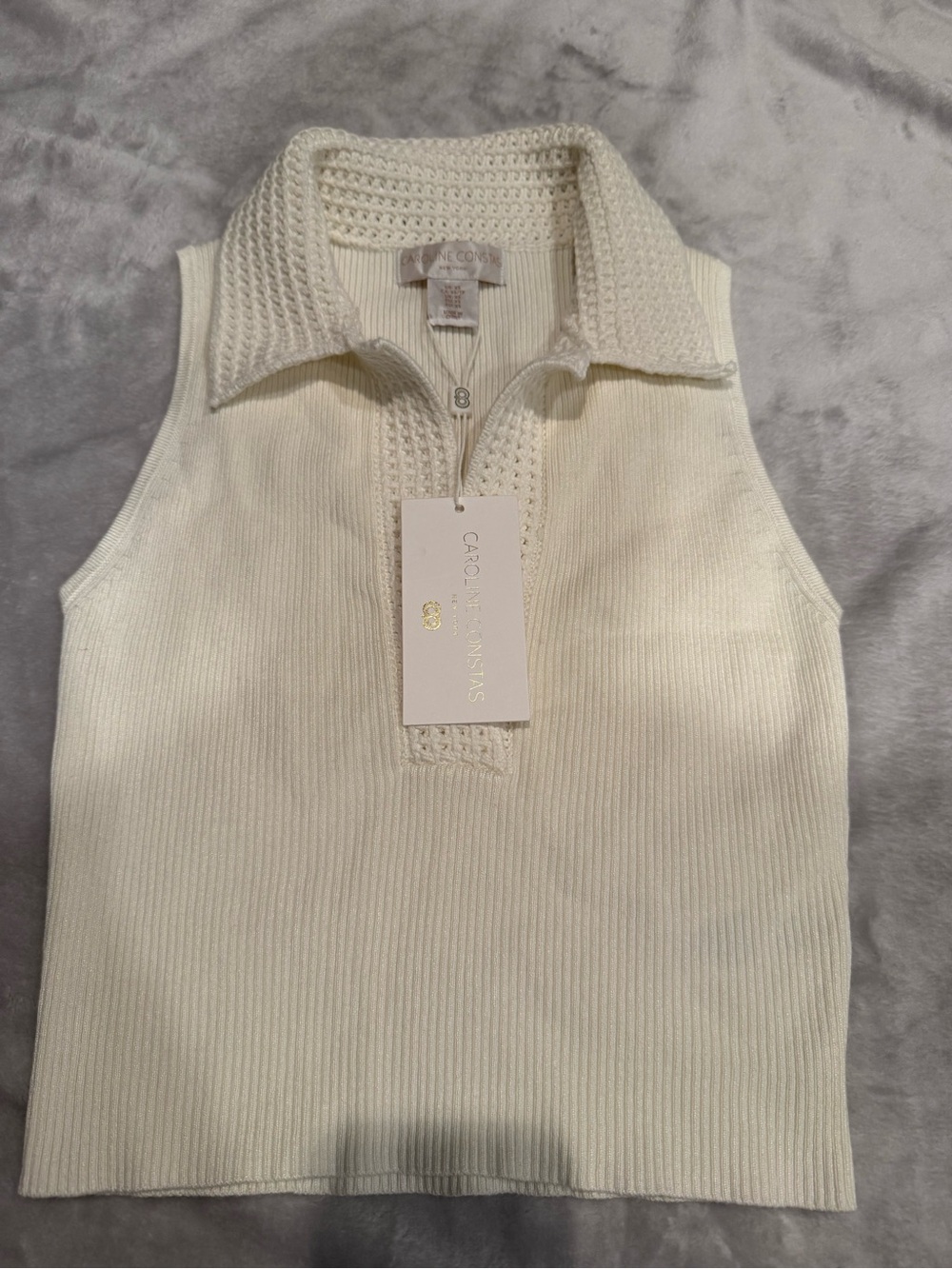 Caroline Constas Cream Knit Sleeveless Polo Tank